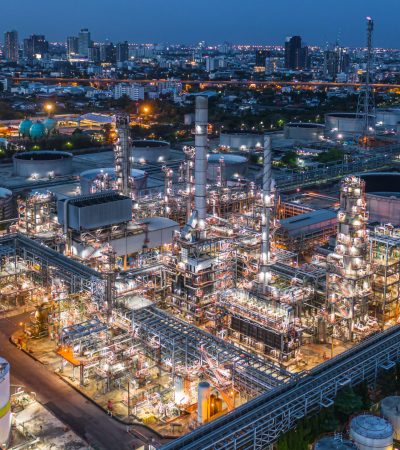 Aerial view oil refinery, refinery plant, refinery factory at night.