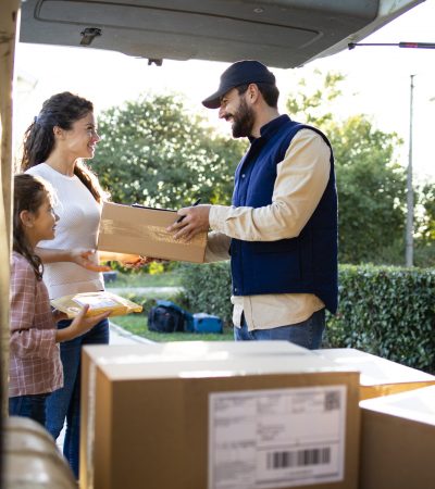 Courier delivering packages with toys to the woman and little girl.