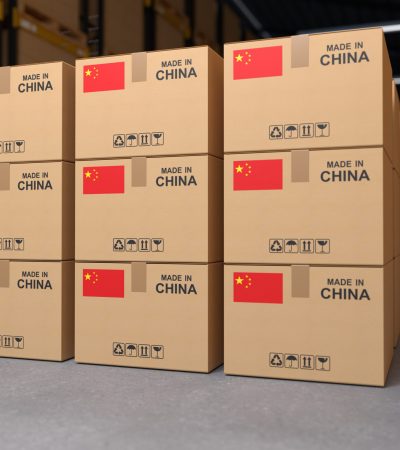 Products made in China, cardboard boxes in the warehouse. 3d illustration