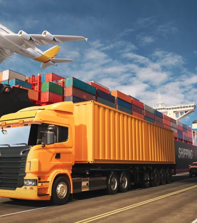 Transportation and logistics of Container Cargo ship and Cargo plane. 3d rendering and illustration.